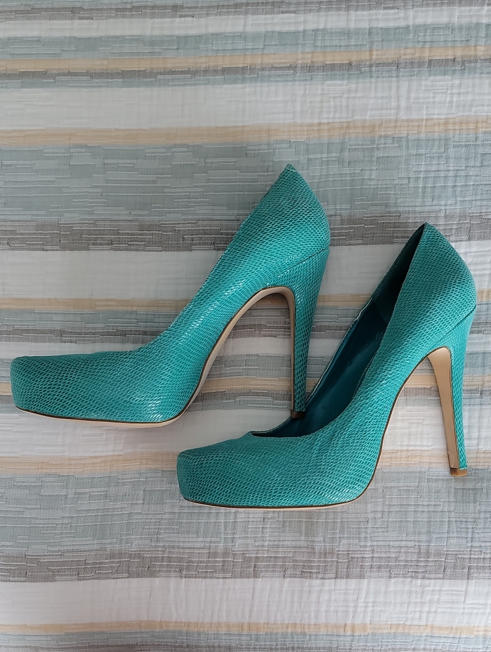BCBGeneration Teal Snake-Embossed Platform Pumps